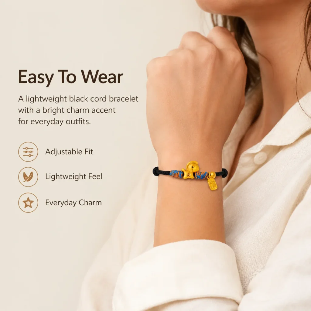 Lucky Charm Bracelet with Black String and Gold Horse 2 lucky charm bracelet black string gold horse wearing view
