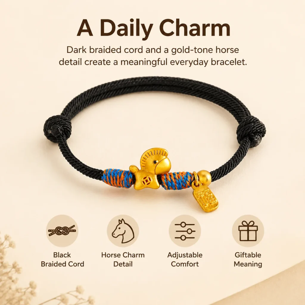 Lucky Charm Bracelet with Black String and Gold Horse 3 lucky charm bracelet black string gold horse feature image