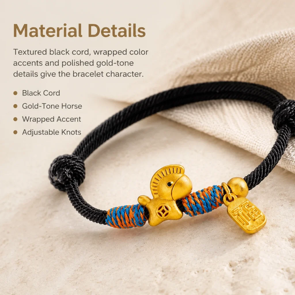 Lucky Charm Bracelet with Black String and Gold Horse 4 lucky charm bracelet black string gold horse material detail image