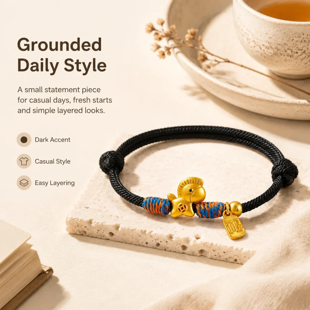Lucky Charm Bracelet with Black String and Gold Horse 5 lucky charm bracelet black string gold horse lifestyle still life image
