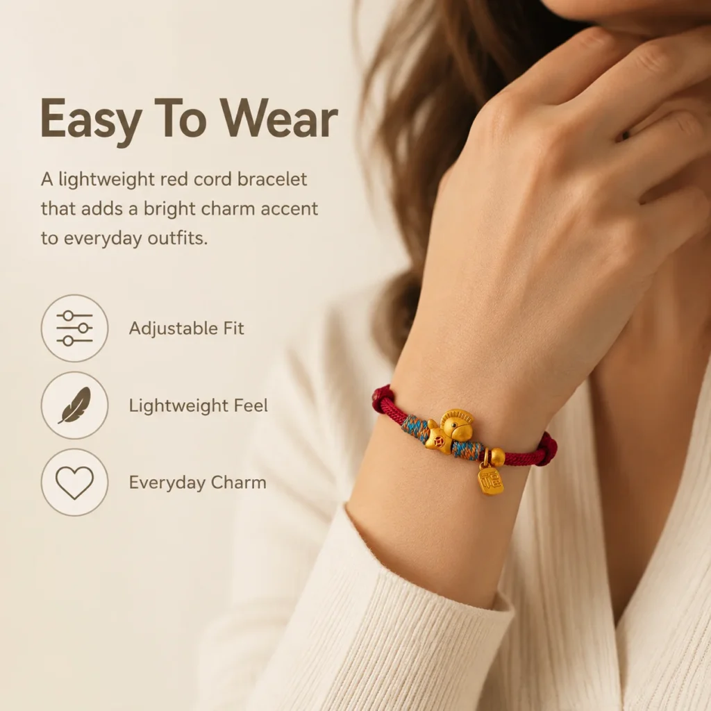 Lucky Charm Bracelet with Red String and Gold Horse 2 lucky charm bracelet red string gold horse wearing view