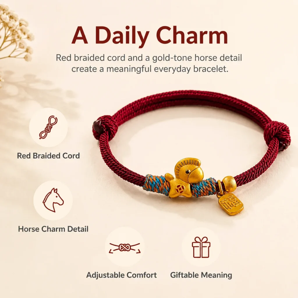 Lucky Charm Bracelet with Red String and Gold Horse 3 lucky charm bracelet red string gold horse feature image