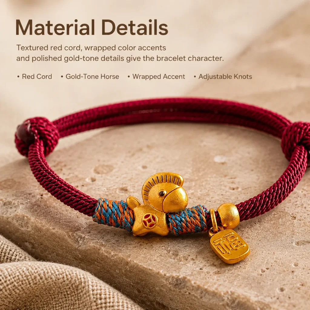 Lucky Charm Bracelet with Red String and Gold Horse 4 lucky charm bracelet red string gold horse material detail image