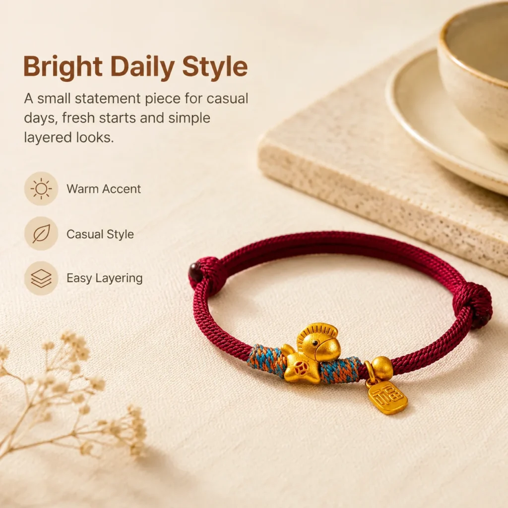 Lucky Charm Bracelet with Red String and Gold Horse 5 lucky charm bracelet red string gold horse lifestyle still life image