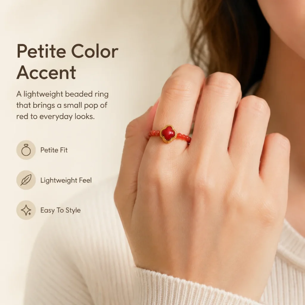 Petite Red Agate Flower Beaded Ring 2 petite red agate flower beaded ring wearing view