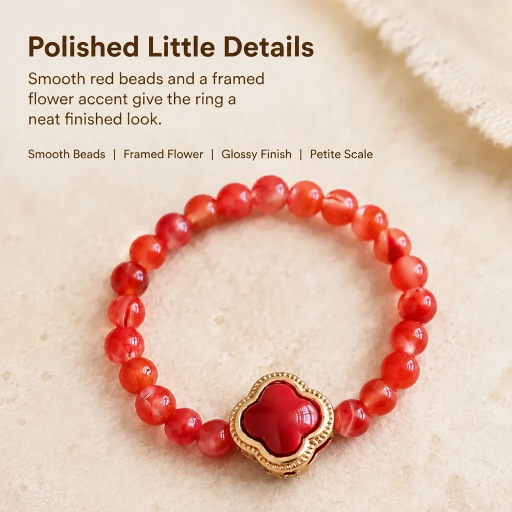 Petite Red Agate Flower Beaded Ring 4 petite red agate flower beaded ring material detail image