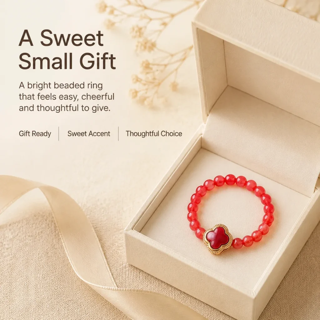 Petite Red Agate Flower Beaded Ring 6 petite red agate flower beaded ring gift ready image