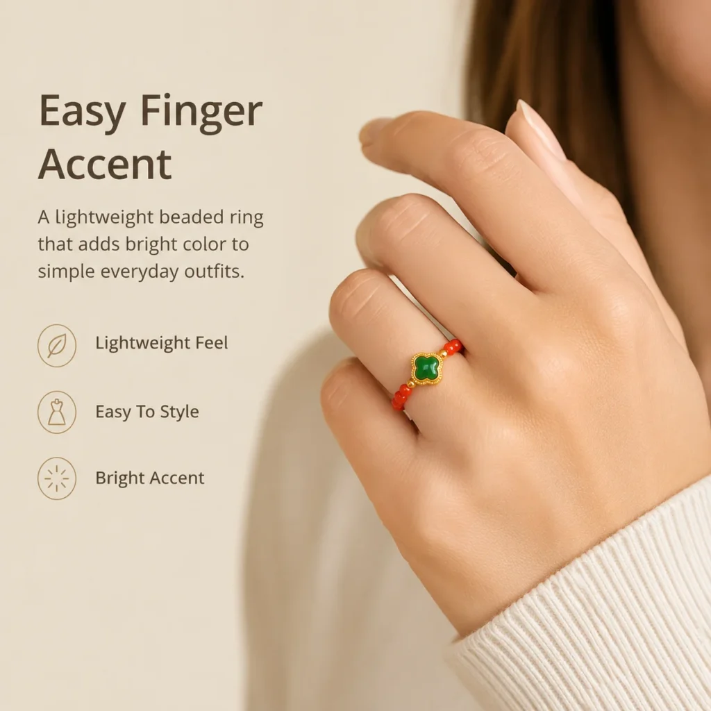red agate flower beaded ring green clover wearing view