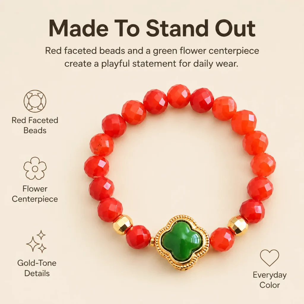 red agate flower beaded ring green clover feature image