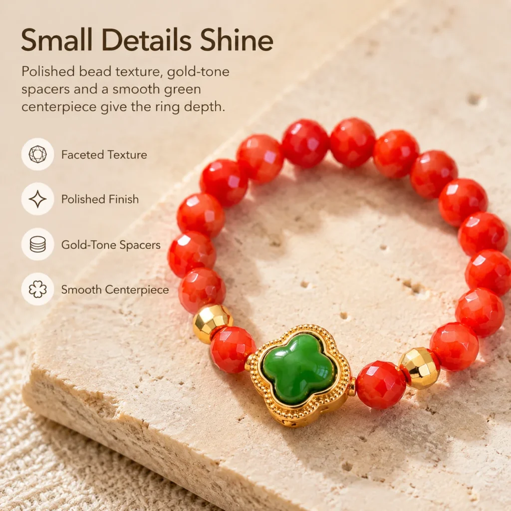 red agate flower beaded ring green clover material detail image