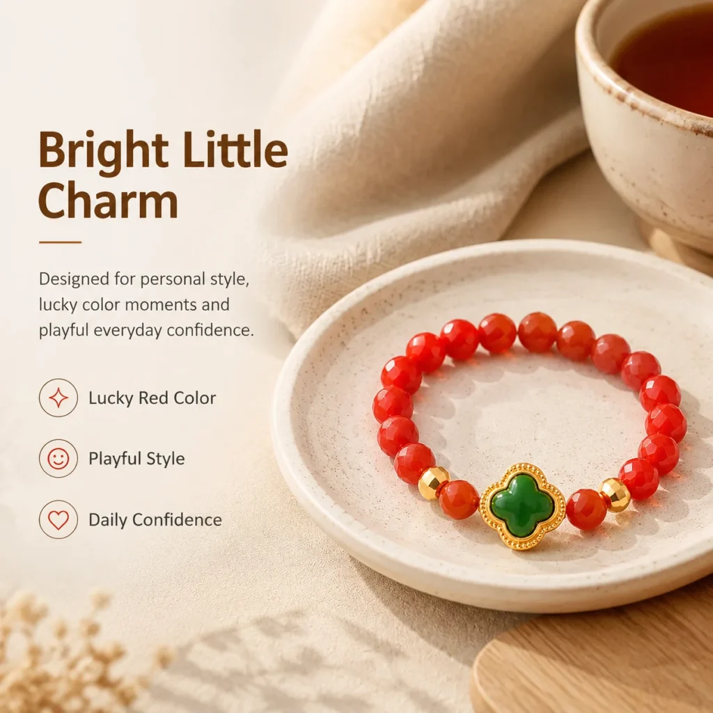 red agate flower beaded ring green clover lifestyle still life image