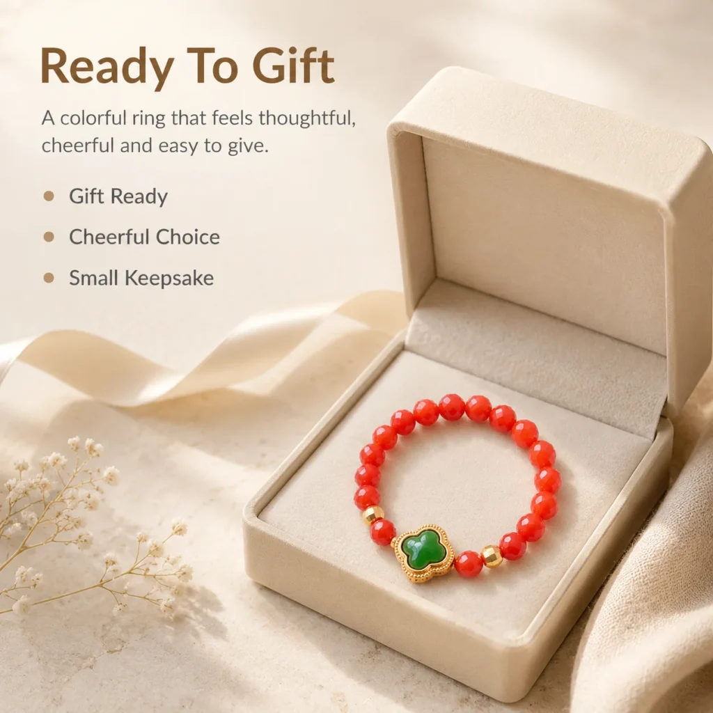 red agate flower beaded ring green clover gift ready image