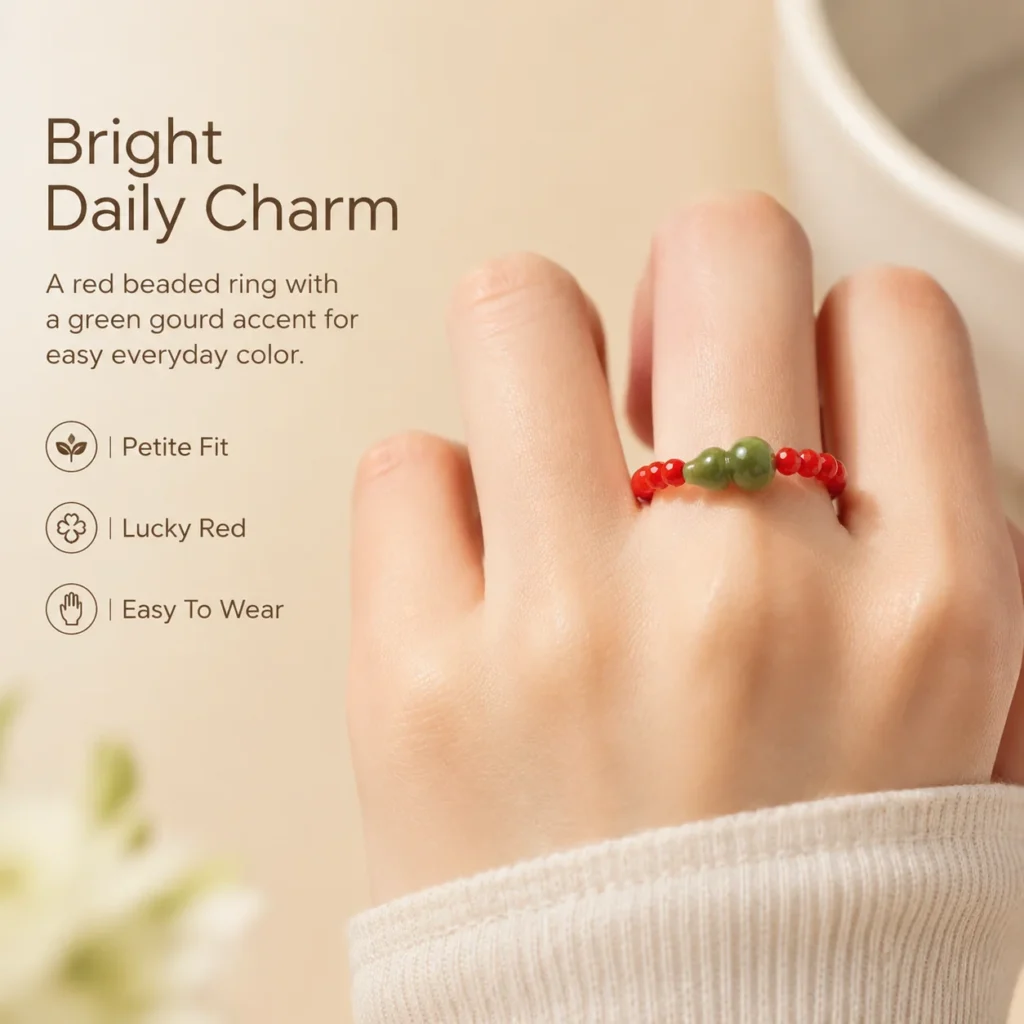 Red Beaded Jade Gourd Ring 2 red beaded jade gourd ring wearing view