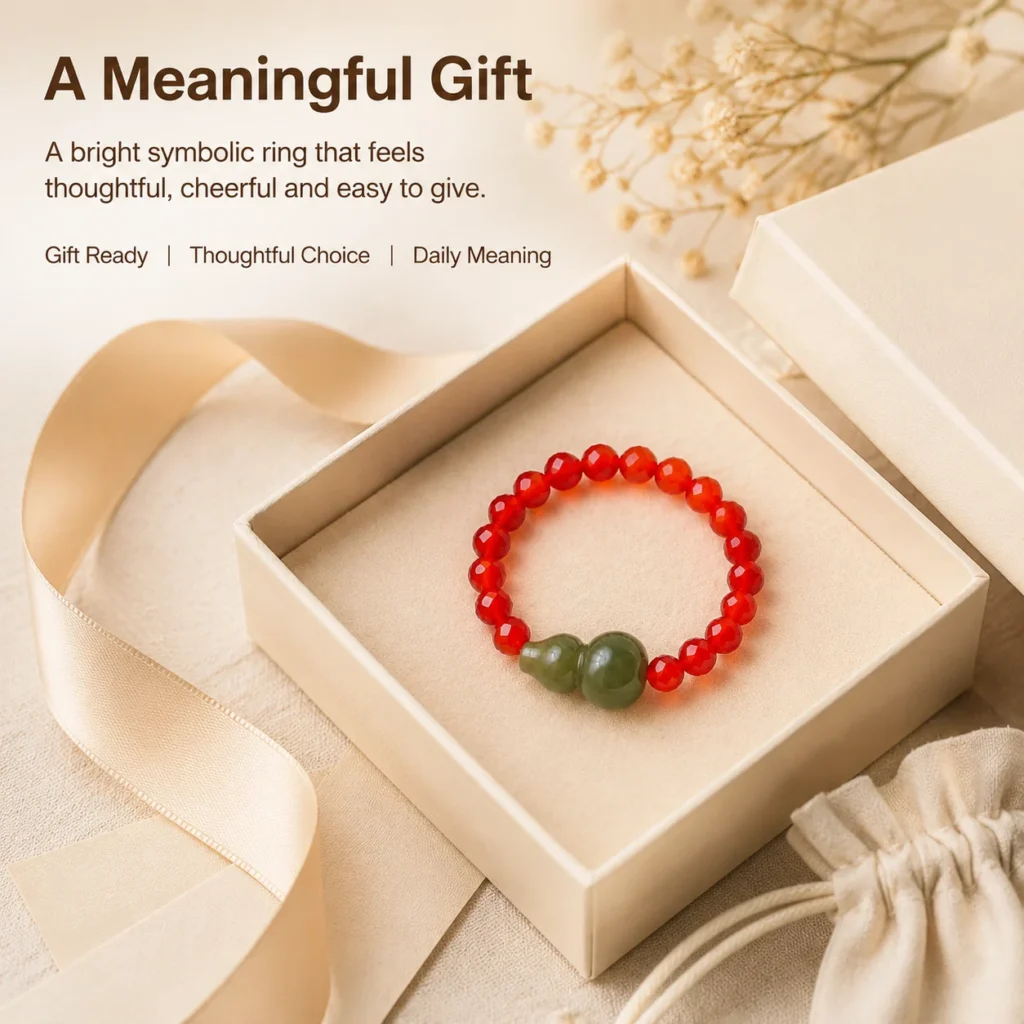 Red Beaded Jade Gourd Ring 6 red beaded jade gourd ring gift ready image