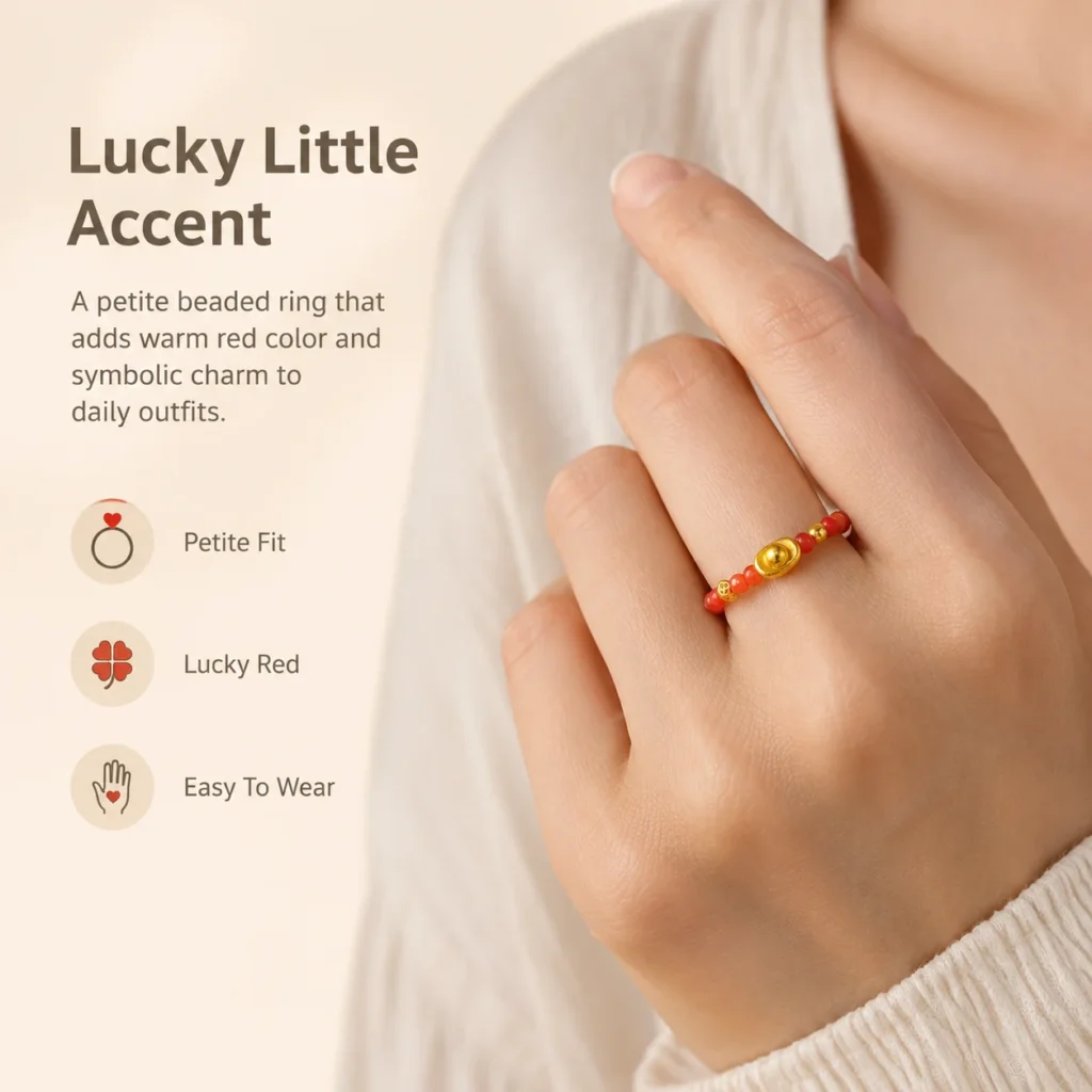 red beaded lucky ingot ring wearing view