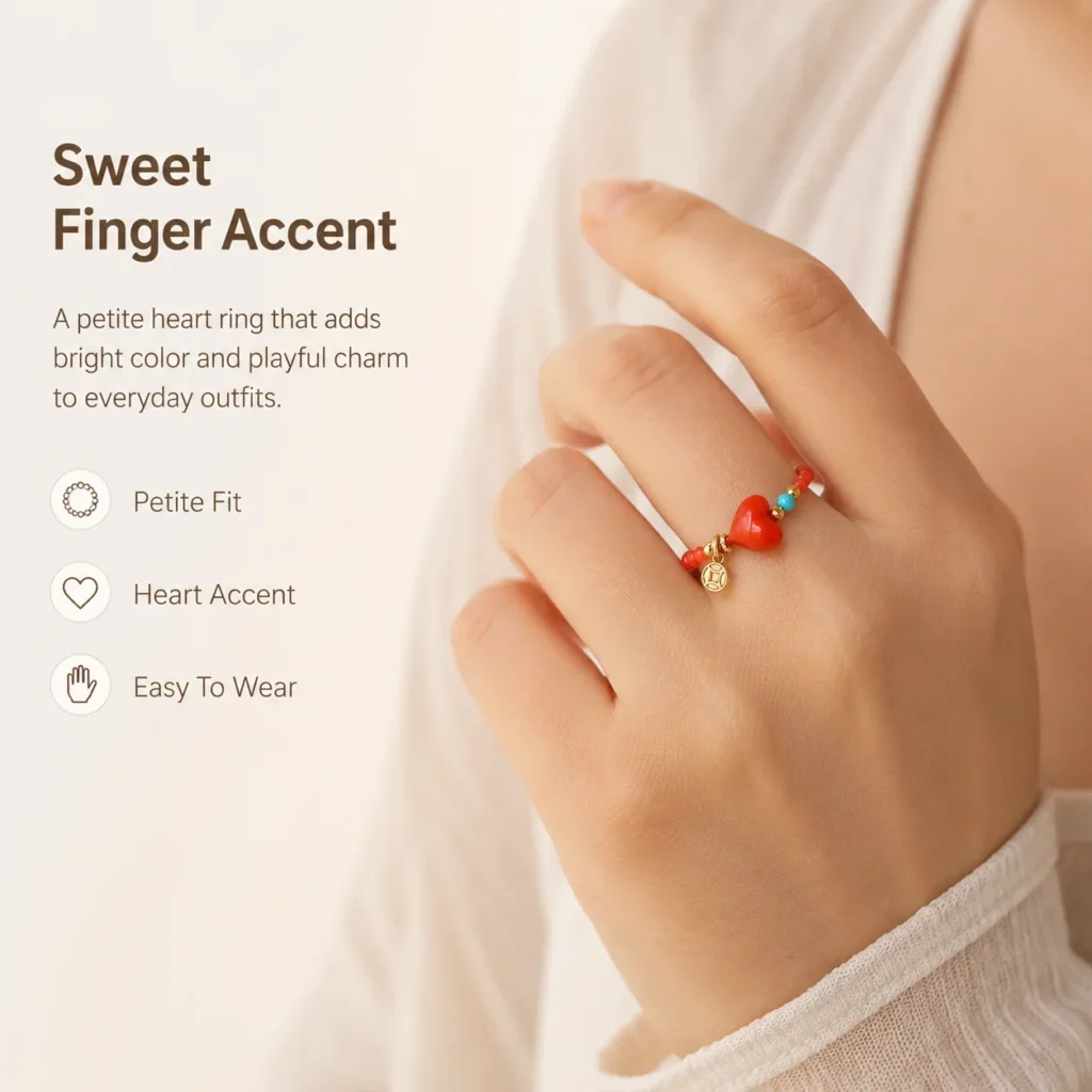red heart beaded ring turquoise accent wearing view