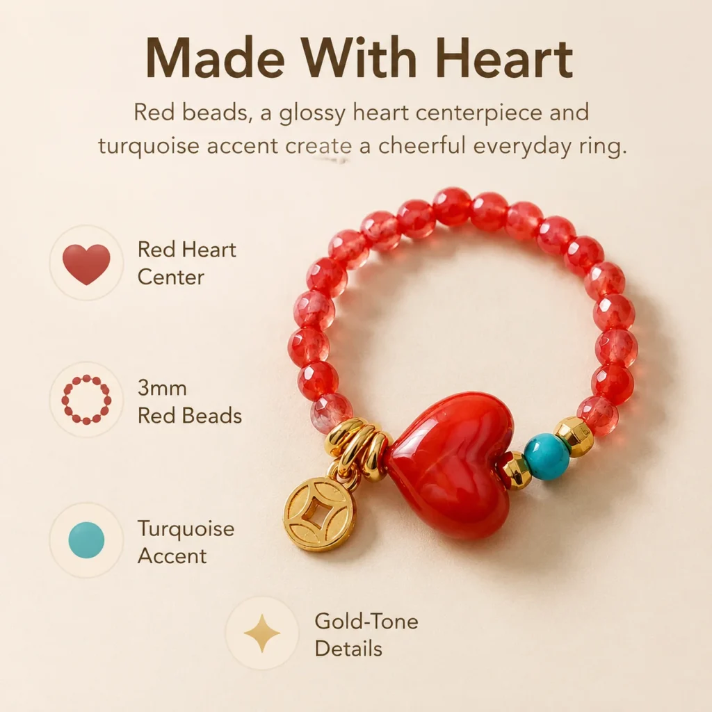 red heart beaded ring turquoise accent feature image