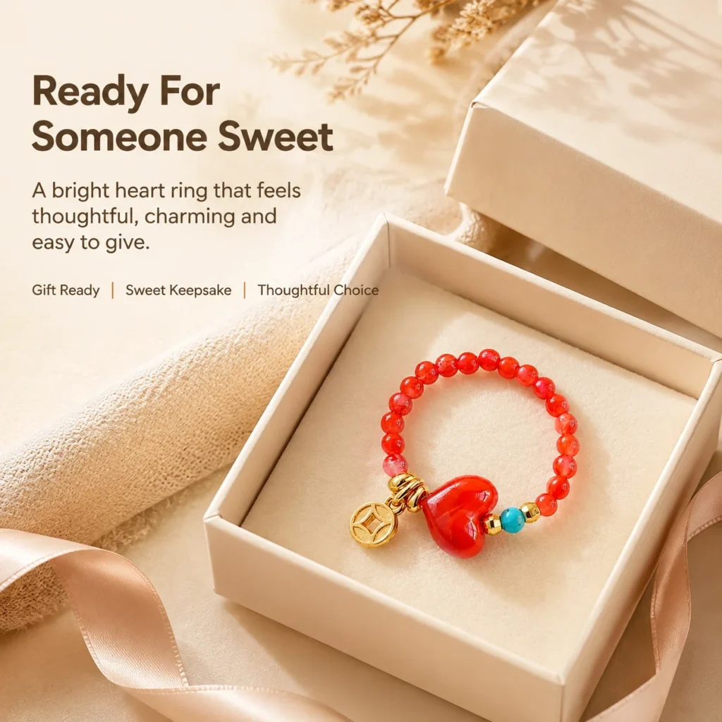 red heart beaded ring turquoise accent gift ready image