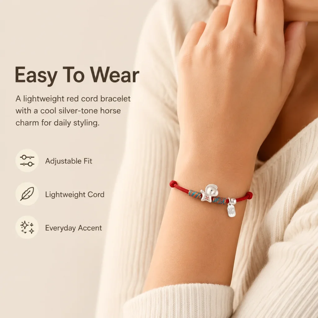 red lucky bracelet silver horse charm wearing view