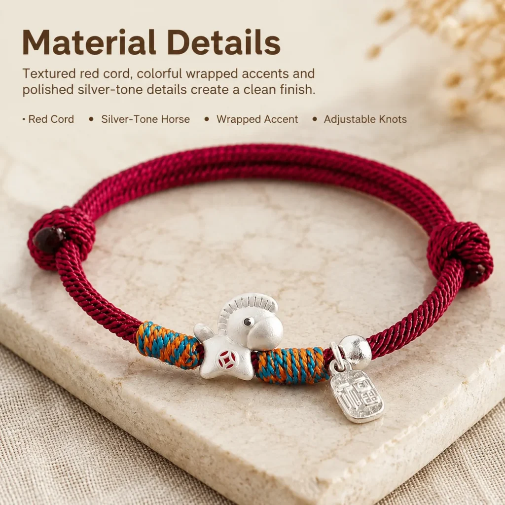 red lucky bracelet silver horse charm material detail image