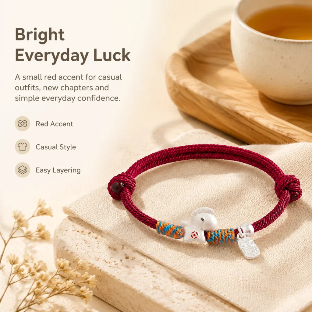 red lucky bracelet silver horse charm lifestyle still life image
