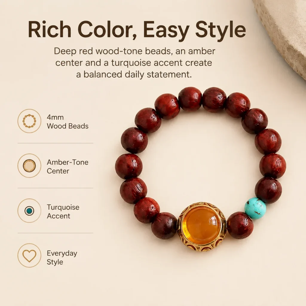 red sandalwood beaded ring amber center feature image