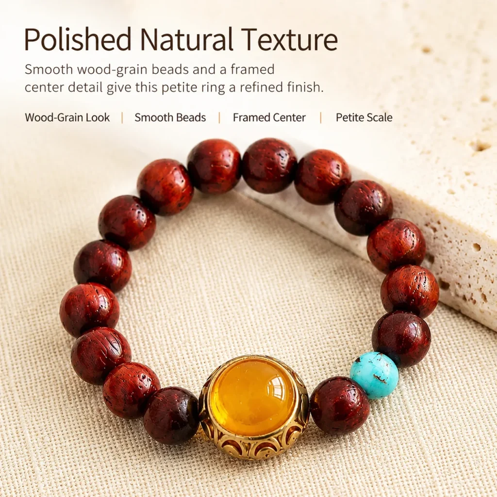 red sandalwood beaded ring amber center material detail image