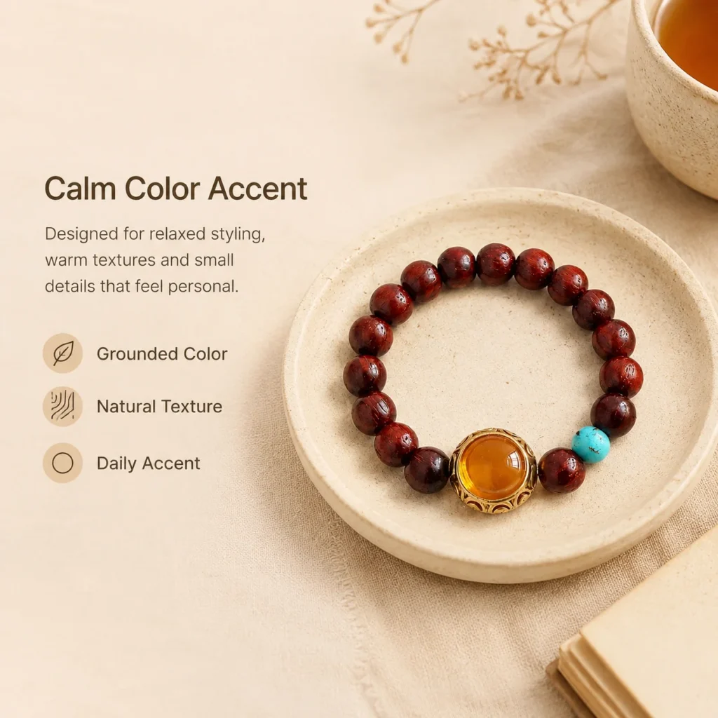 red sandalwood beaded ring amber center lifestyle still life image