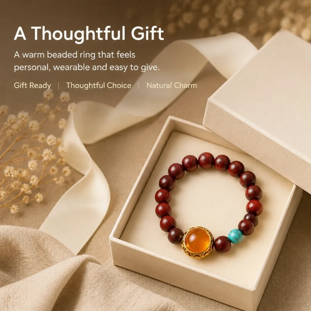 red sandalwood beaded ring amber center gift ready image