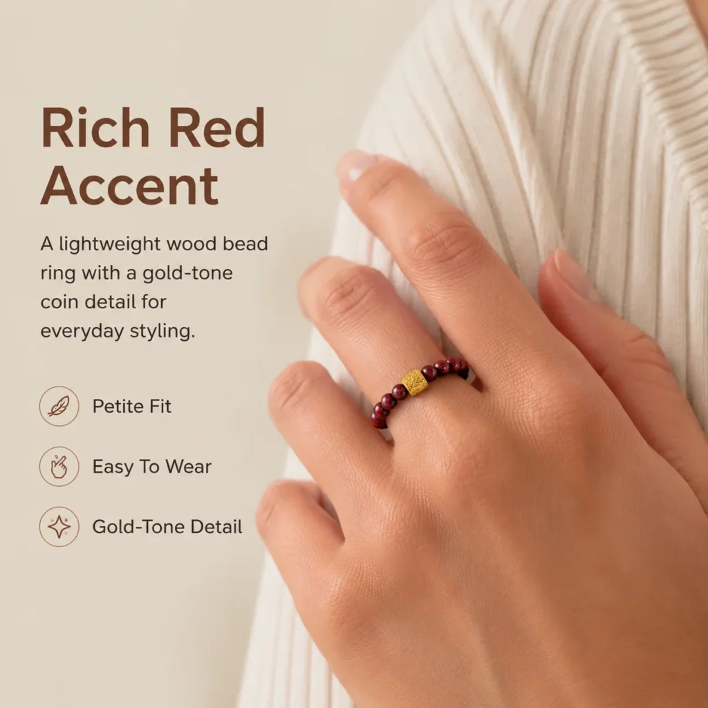 red sandalwood coin beaded ring wearing view