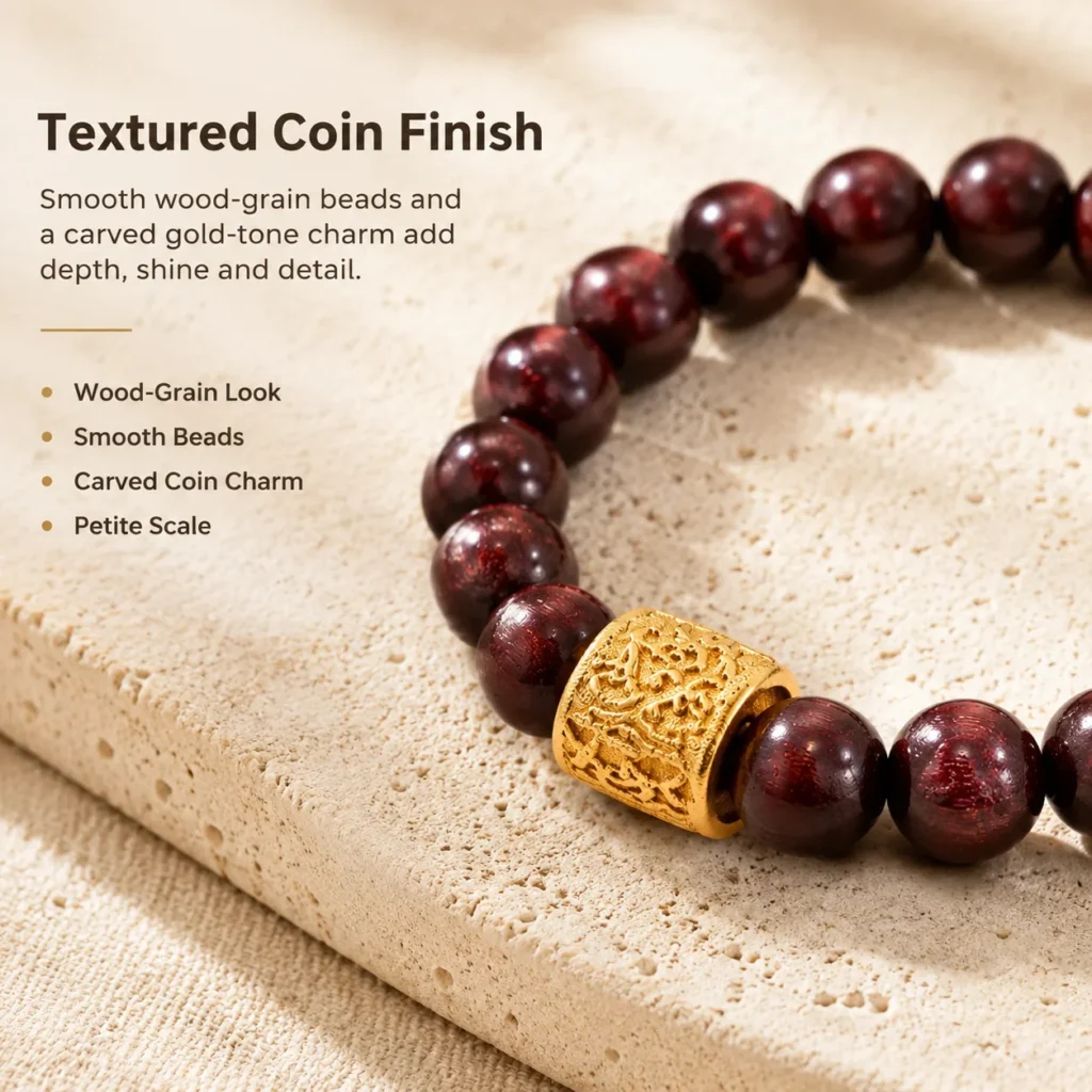 red sandalwood coin beaded ring material detail image