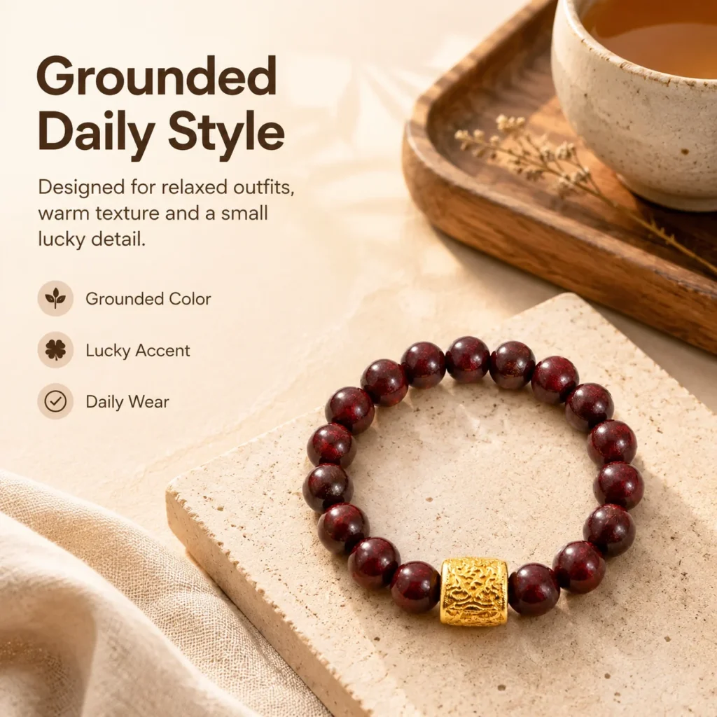 red sandalwood coin beaded ring lifestyle still life image