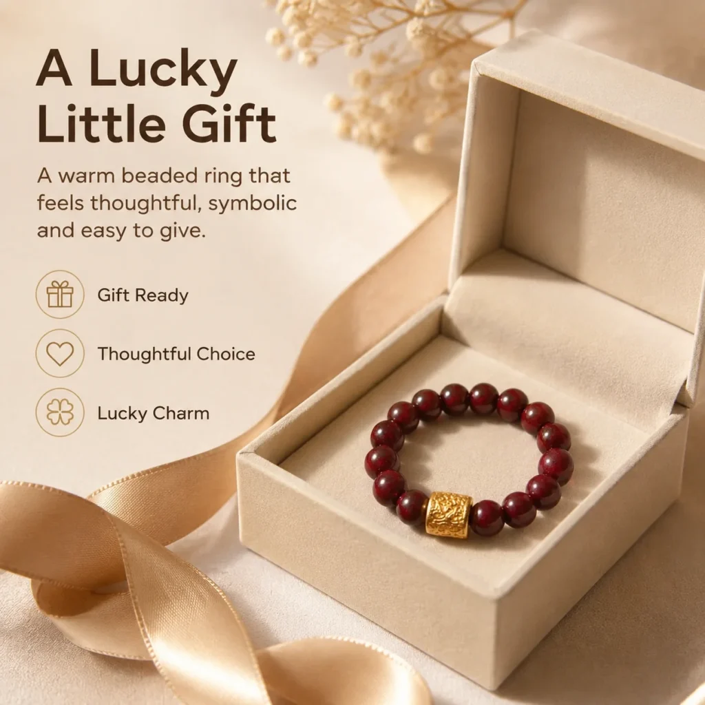 red sandalwood coin beaded ring gift ready image
