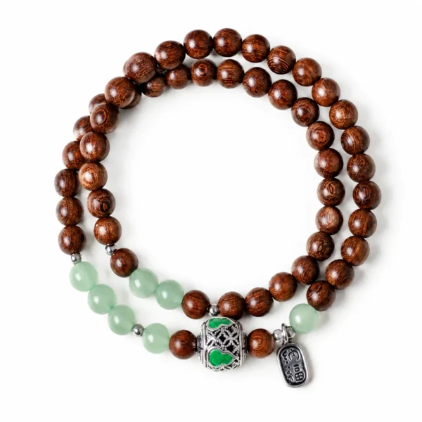 red sandalwood double wrap bracelet green accent on white background