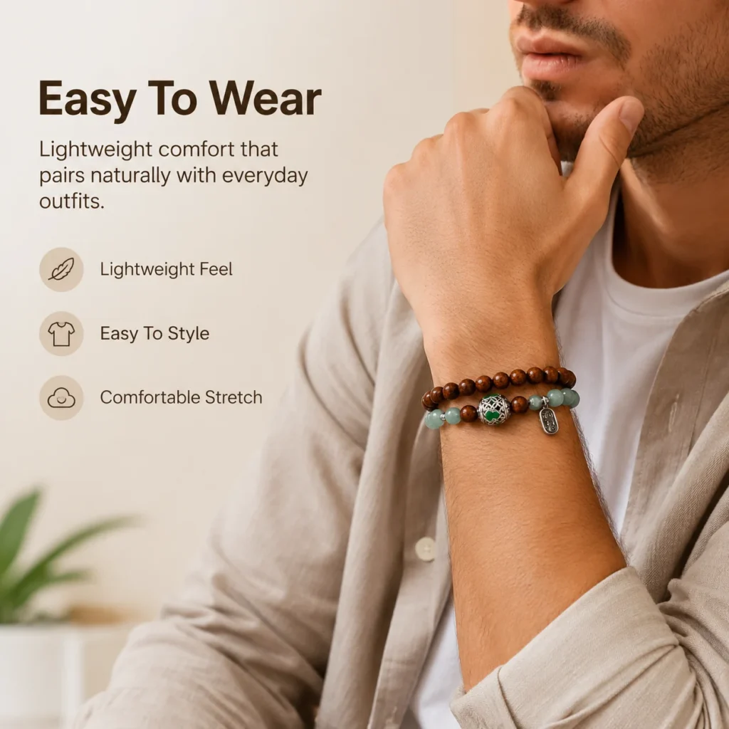 Red Sandalwood Double-Wrap Bracelet - Green Accent Beads 2 red sandalwood double wrap bracelet green accent wearing view