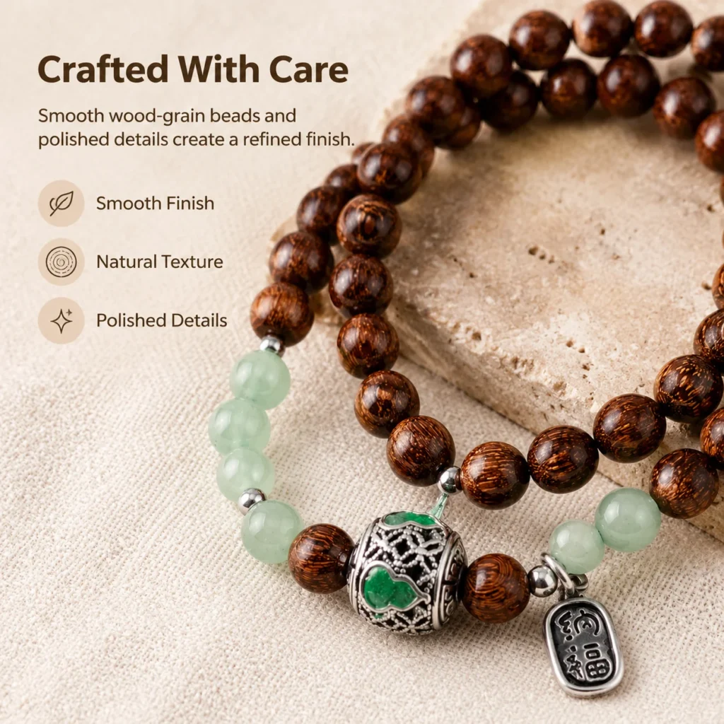 Red Sandalwood Double-Wrap Bracelet - Green Accent Beads 4 red sandalwood double wrap bracelet green accent material detail image