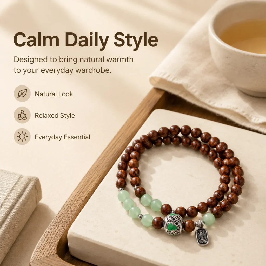 Red Sandalwood Double-Wrap Bracelet - Green Accent Beads 5 red sandalwood double wrap bracelet green accent lifestyle still life image