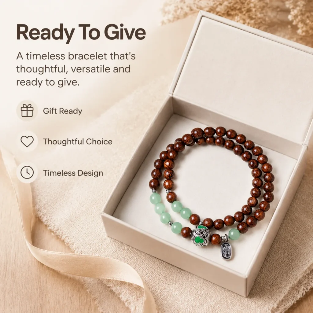 Red Sandalwood Double-Wrap Bracelet - Green Accent Beads 6 red sandalwood double wrap bracelet green accent gift ready image