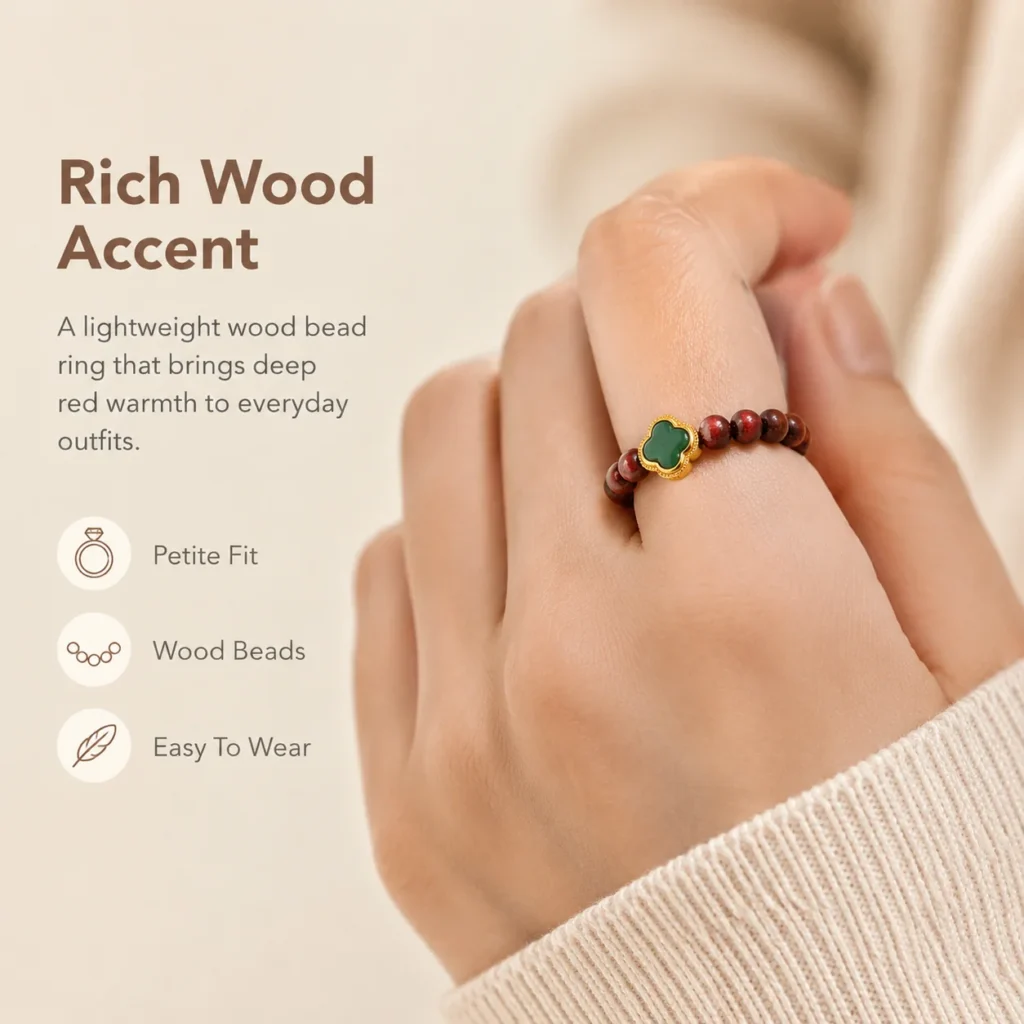 Red Sandalwood Flower Beaded Ring 2 red sandalwood flower beaded ring wearing view