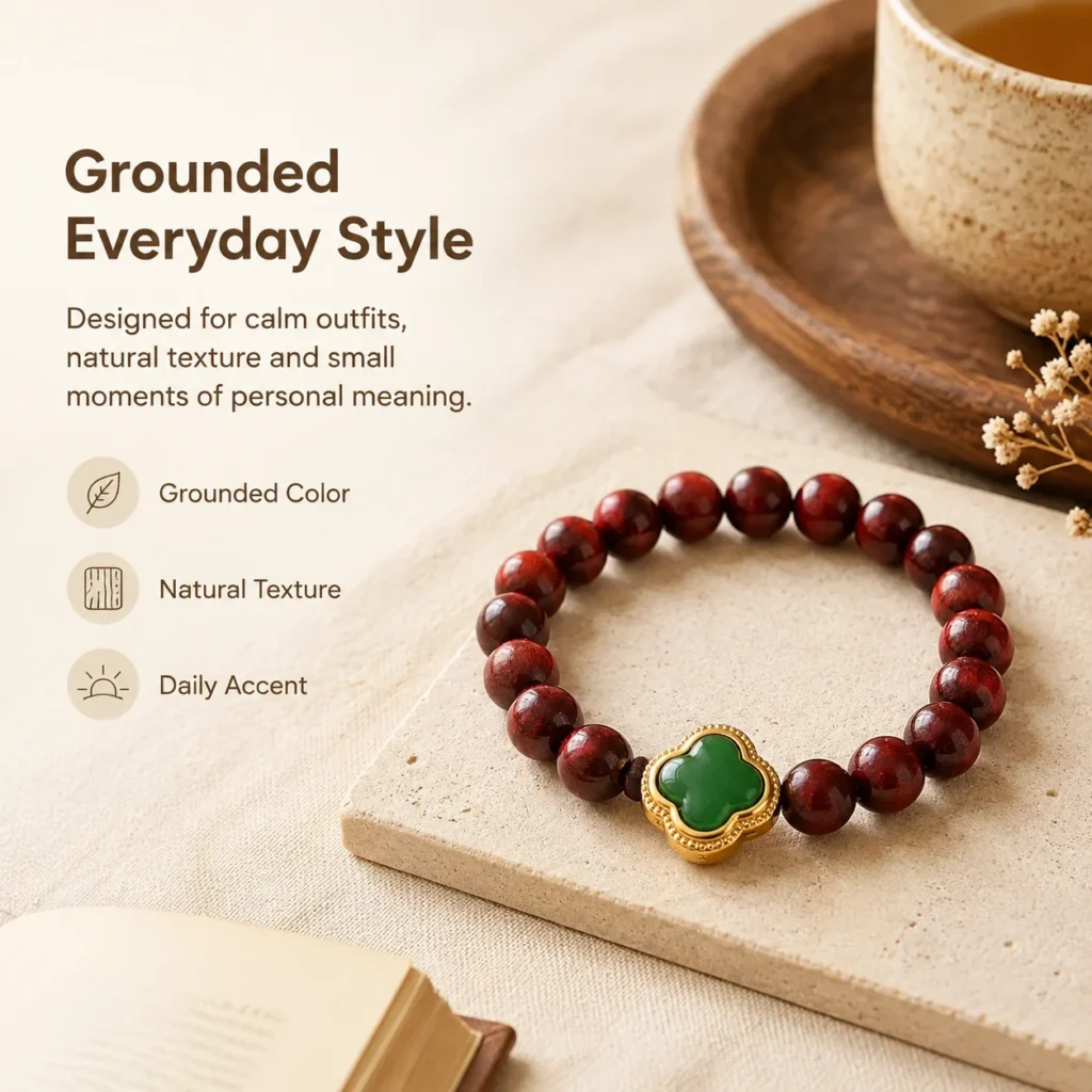 Red Sandalwood Flower Beaded Ring 5 red sandalwood flower beaded ring lifestyle still life image