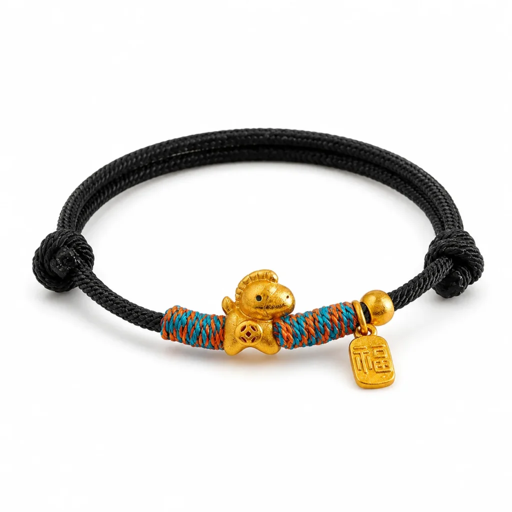 Simple Black String Bracelet with Gold Horse Charm 1 simple black string gold horse bracelet on white background