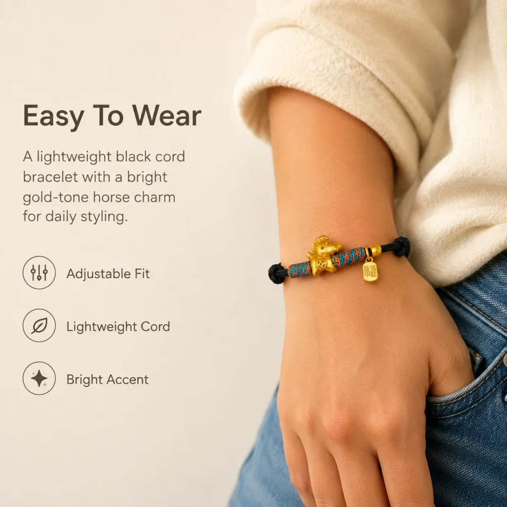 Simple Black String Bracelet with Gold Horse Charm 2 simple black string gold horse bracelet wearing view