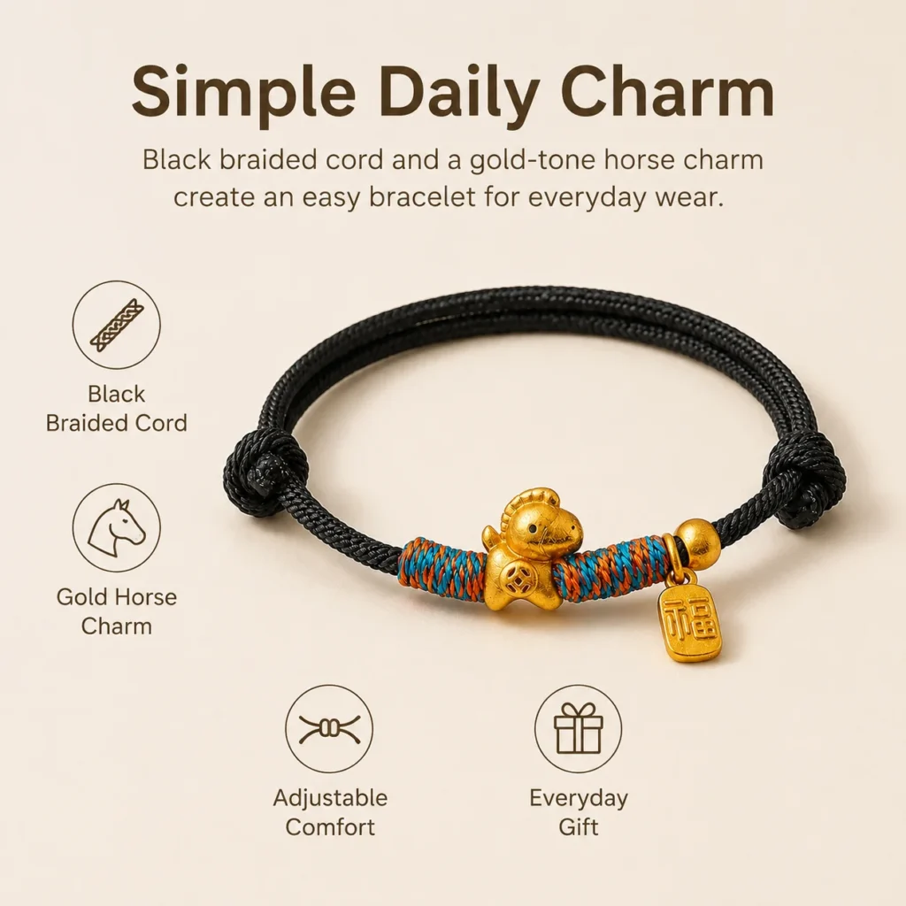 Simple Black String Bracelet with Gold Horse Charm 3 simple black string gold horse bracelet feature image