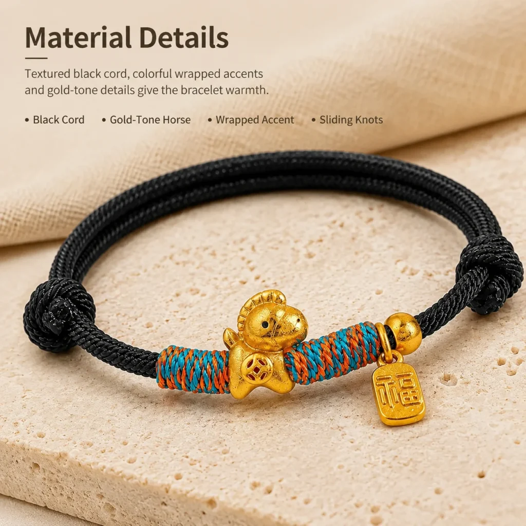 Simple Black String Bracelet with Gold Horse Charm 4 simple black string gold horse bracelet material detail image
