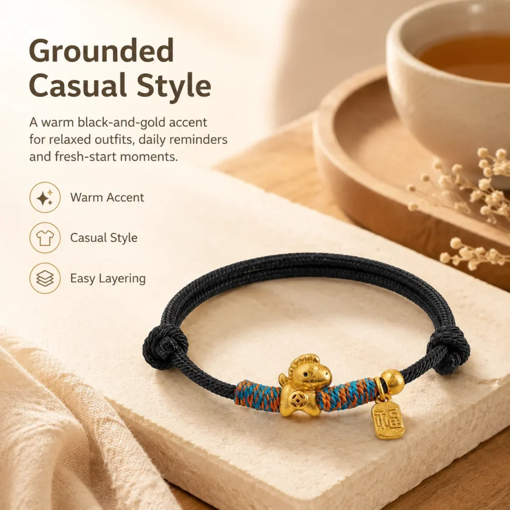 Simple Black String Bracelet with Gold Horse Charm 5 simple black string gold horse bracelet lifestyle still life image
