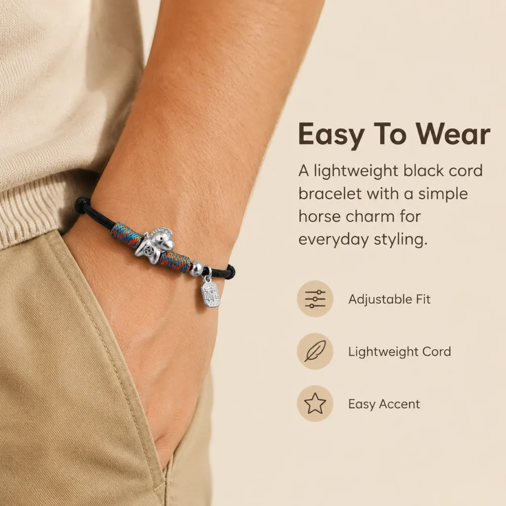 Simple Black String Horse Charm Bracelet 2 simple black string horse charm bracelet wearing view