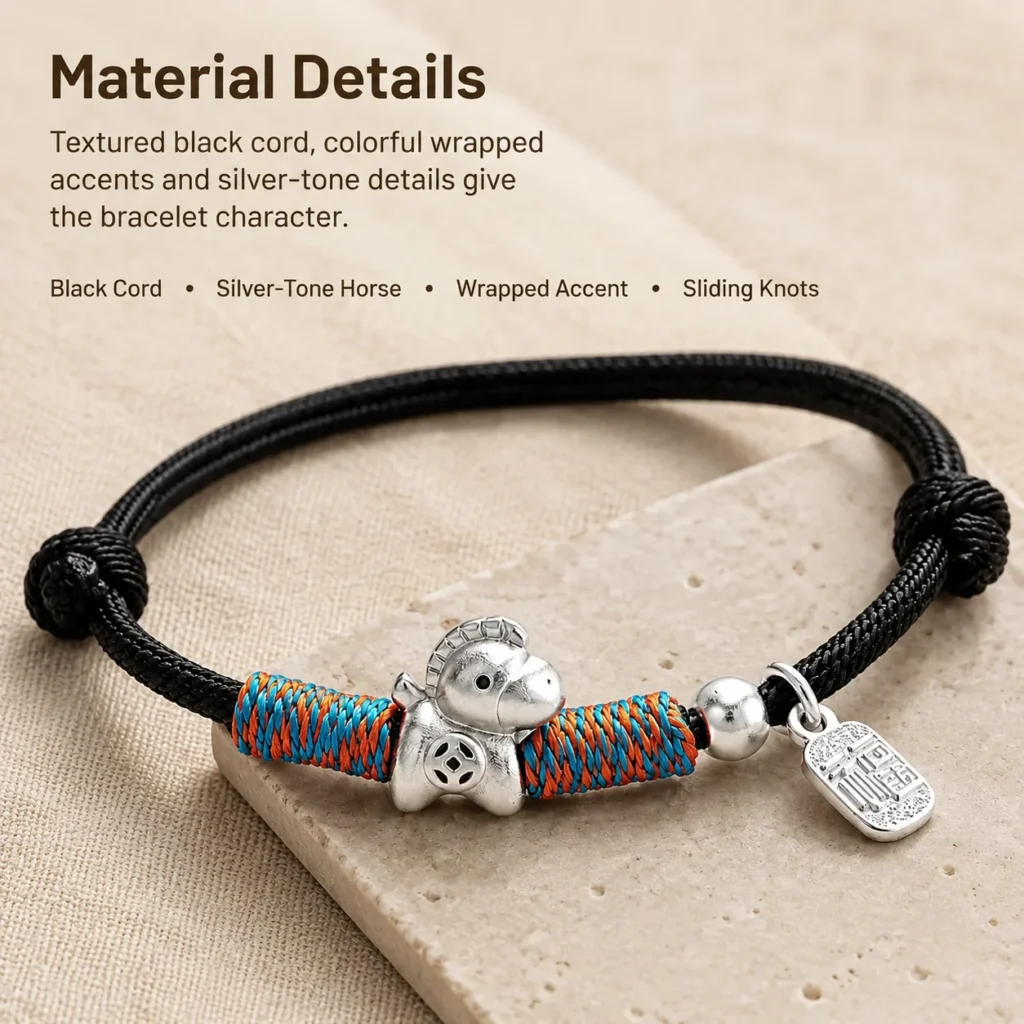 Simple Black String Horse Charm Bracelet 4 simple black string horse charm bracelet material detail image