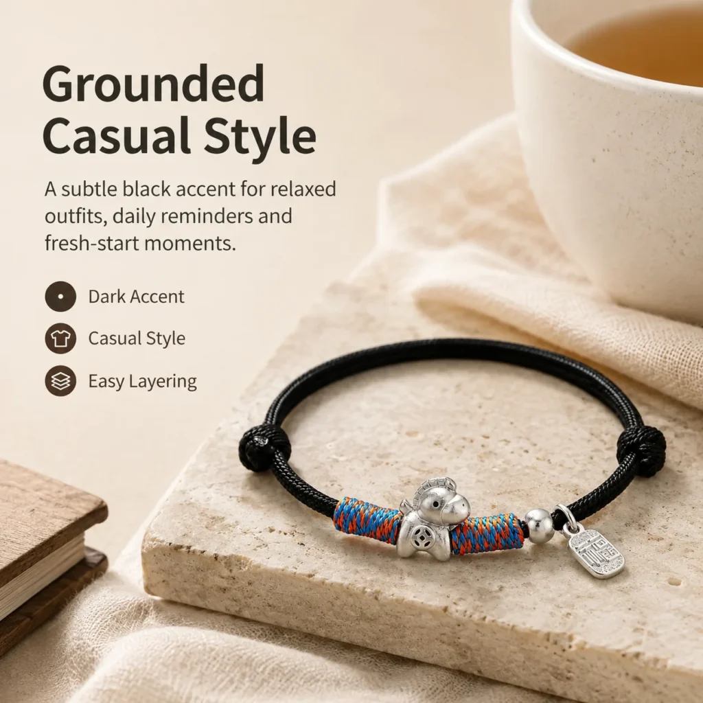 Simple Black String Horse Charm Bracelet 5 simple black string horse charm bracelet lifestyle still life image