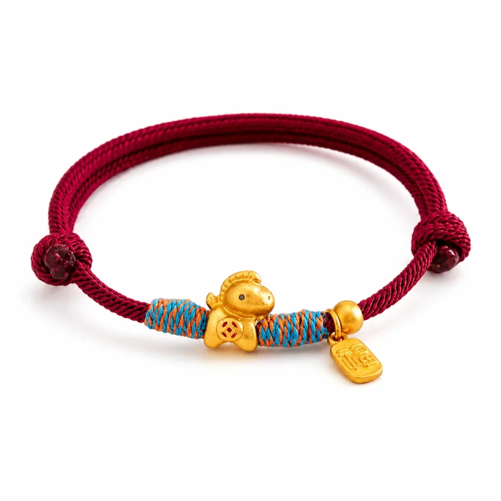 Simple Red String Bracelet with Gold Horse Charm 1 simple red string gold horse bracelet on white background