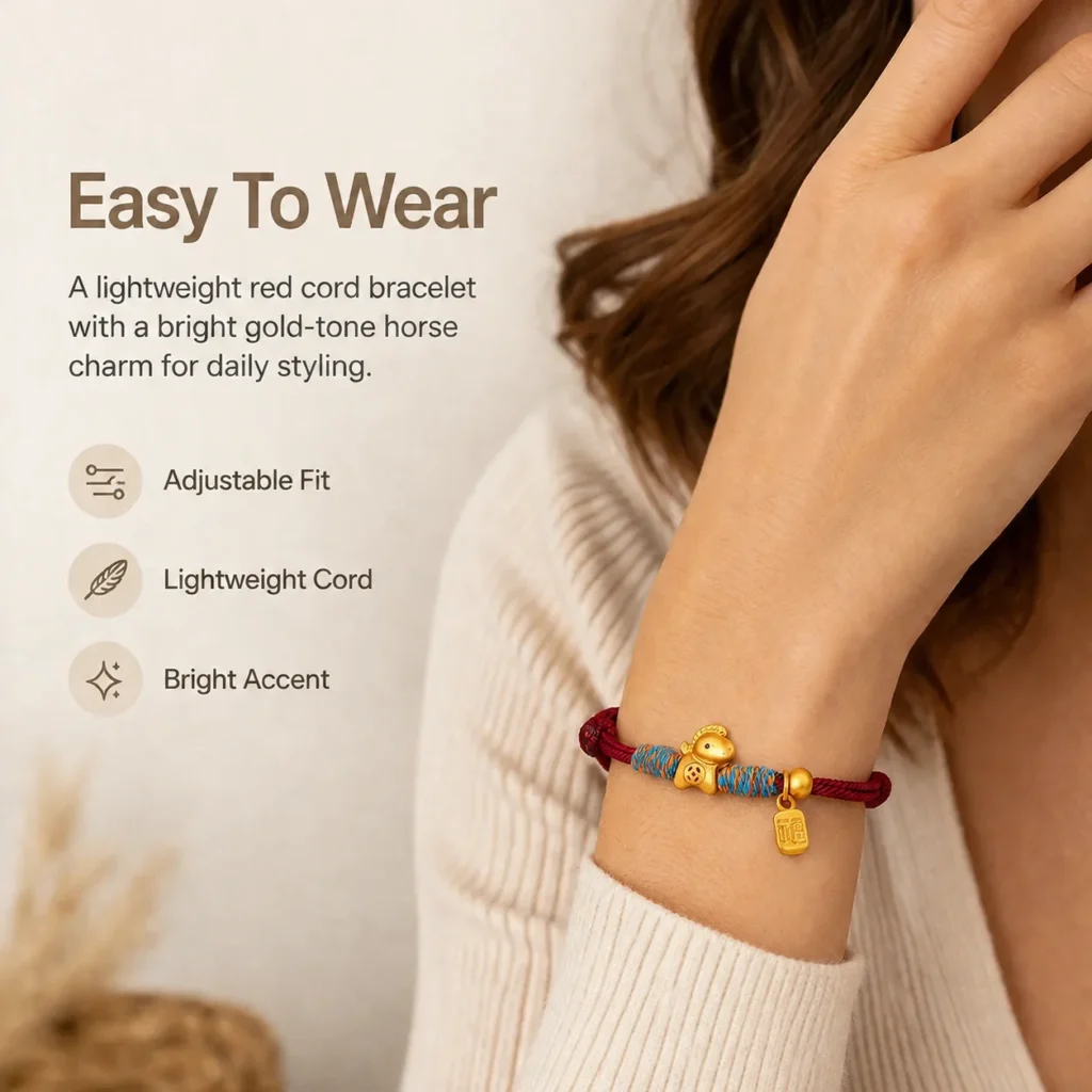 Simple Red String Bracelet with Gold Horse Charm 2 simple red string gold horse bracelet wearing view